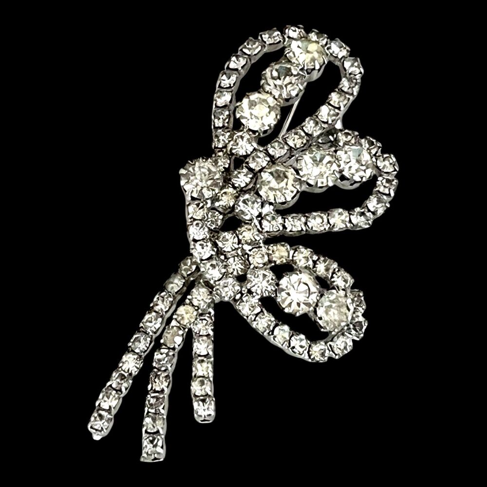 Vintage 1950s Rhinestone Bow Brooch Crystal Silver Tone Spray Pin - 6D